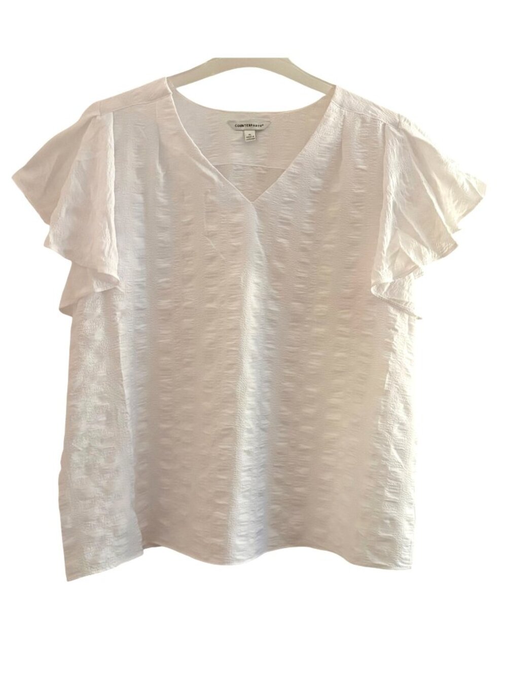 Counterparts White Textured V-Neck Top Blouse Flutter Sleeves XL Peasant Beach